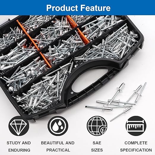 smseace 900Pcs Pop Rivets Assortment Kit Packed in Handheld Box 14-Sizes (3/32 inch1/8 inch5/32 inch3/16 inch1/4 inch) Assorted Blind Rivets for Metal,Furniture,Automotive,Instrument