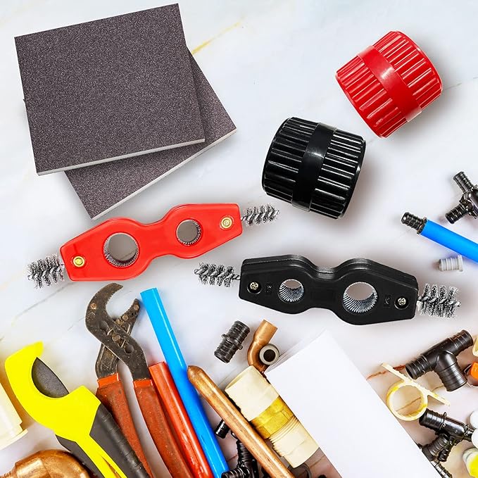 6 PCS Copper Pipe Cleaner and Reamer & Sanding Sponge Set, Include 2 PCS Copper Pipe Cleaner, 2 PCS Reamer & 2 Pack Sanding Sponge, 4 In 1 Pipe Deburring Brush for PVC PPR Copper Brass Aluminum Pipes
