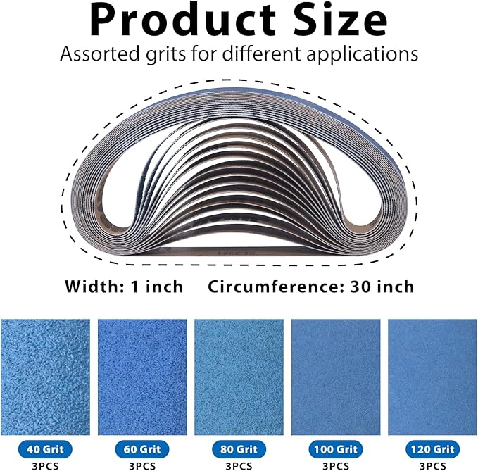 15 Pcs 1 x 30 Inch Sanding Belts Zirconia, 1x30 Sanding Belts, 3 Each of 40/60/80/100/120 Assorted Grits Sander Belts for Belt Sander