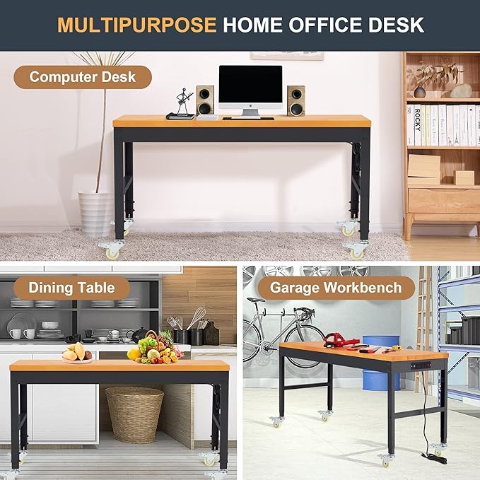 HABUTWAY Height Adjustable Workbench with Wheels 60" 2000 Lbs Capacity Solid Wood Work Station Heavy-Duty Rolling Work Tables for Garage Party Shop Office