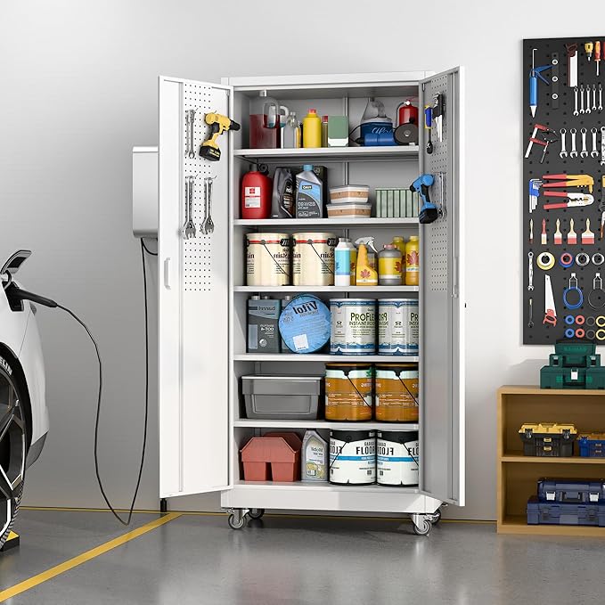 Aobabo 71" H×32" W×16" D Metal Storage Cabinet with Wheels, Garage Steel Storage Cabinet with 5 Adjustable Shelves and 4 Hooks for Home Office, Kitchen, White, Assembly Required