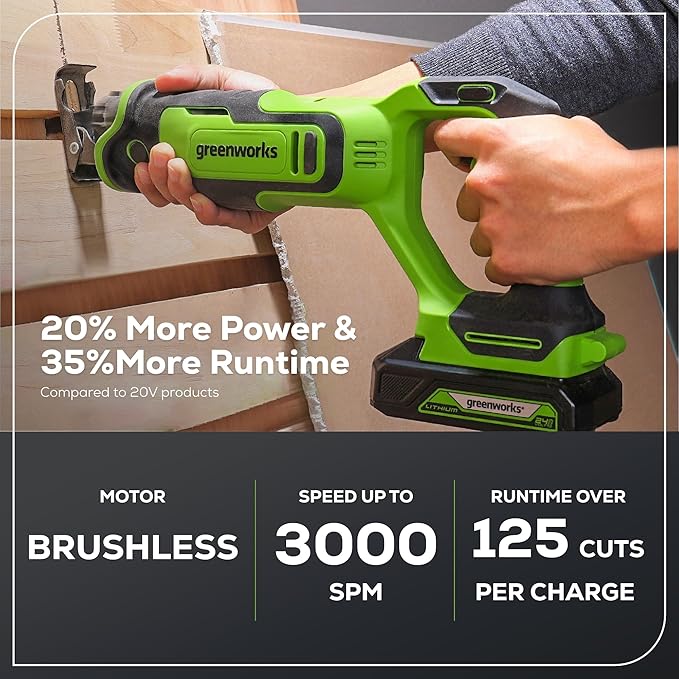 Greenworks 24V Cordless Brushless Reciprocating Saw, 3,000 SPM, 1" Stroke Length, Compact Design, Includes 2.0Ah Battery & Charger