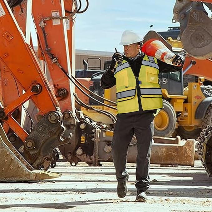 A-SAFETY High Vis Reflective Safety Vest for Men Women Zipper Ipad Pockets Mesh Construction Apparel Neon Vest for Work