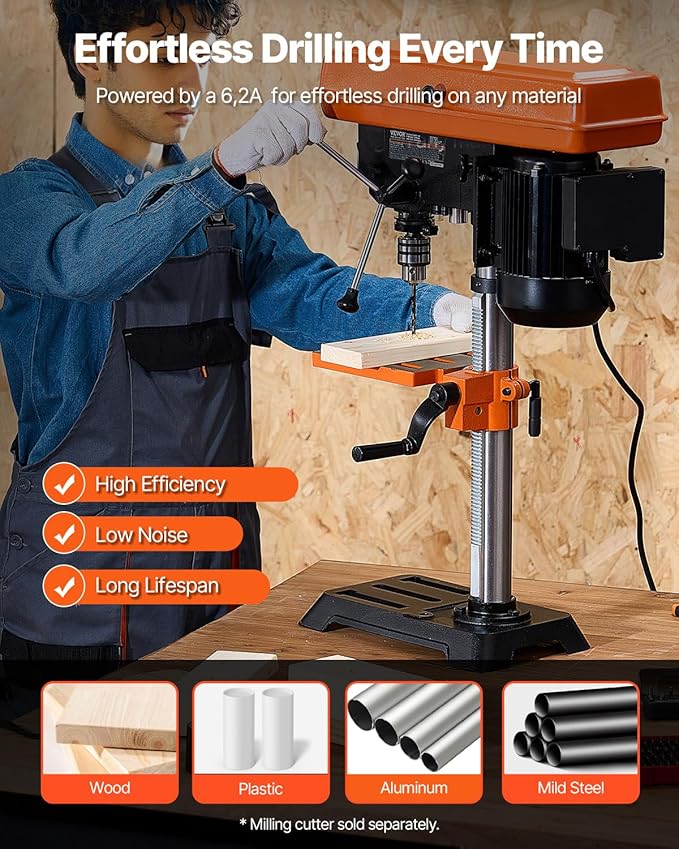 VEVOR 10 in Benchtop Drill Press, 6.2A Induction Motor, Tabletop Drilling Machine with 610/940 / 1500/2150 / 2800 RPM Adjustable Speed, 0-45° Tilting Worktable, LED Work Light, for Wood Metal