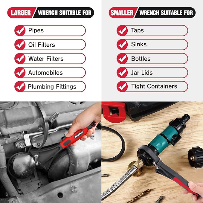 2-Piece Rubber Strap Adjustable Wrench Set Diameter 4" and 6", Oil Filter Pipe Jar Opener Strong Grip Plumbers Universal Spanner for Drain Sewer Cap Sink Pliers Nut Shower Head Valve Removal