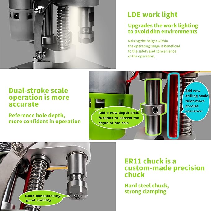 RATTMMOTOR DIY Benchtop Drilling Machine 110V-220V, Mini Desktop Variable Speed Drill Press 12mm Stroke, 3000RPM 795 Motor with Bench Vise Clamp, ER11 Collet for CNC Machining
