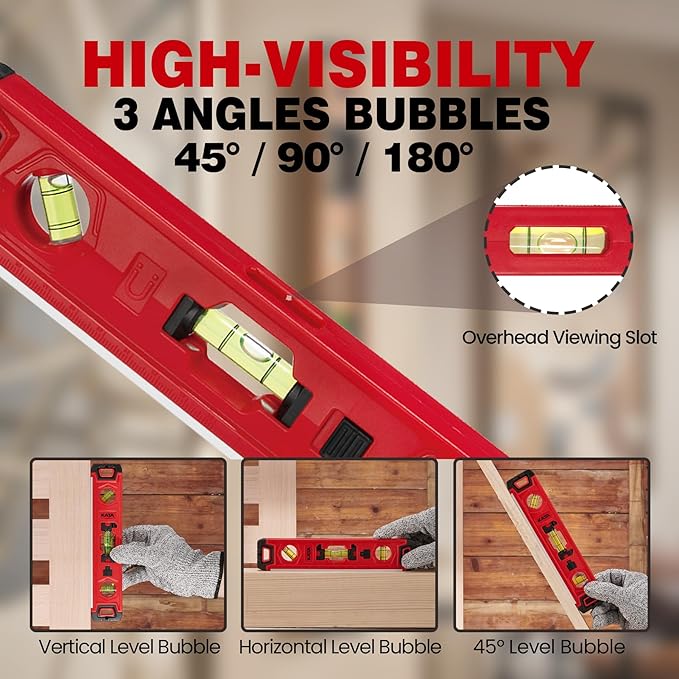 KATA Light-up Torpedo Level Magnetic: 9 Inch Shockproof Small Leveler Tool with 45/90/180 Degree Vials - Removable Line Bubble Spirit Levels For Hanging Pictures, Installing Shelf in Dark Tight Spaces