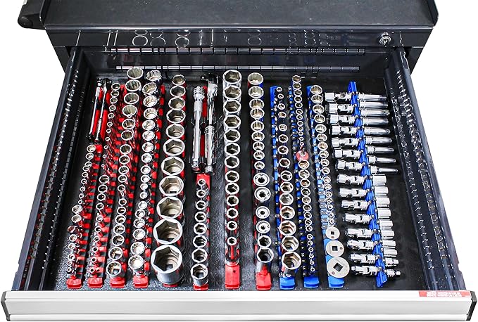 Ernst Manufacturing 8-Inch Magnetic Socket Organizer with 9 3/8-Inch Twist Lock Clips, Red (8411M-Red-3/8)