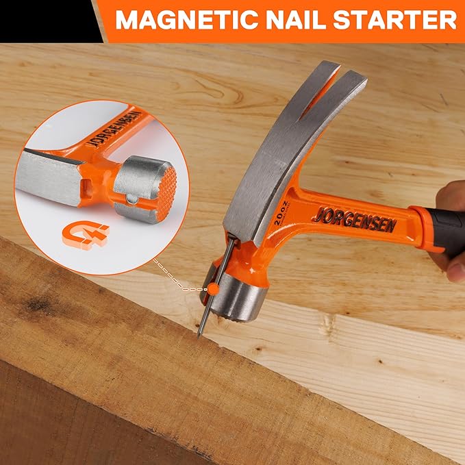 Jorgensen 20 oz Straight Claw Hammer with Magnetic Nail Holder, Rip Claw Hammer with Milled Face & Shock Absorbing Grip, Heavy Duty One-piece Forged Hammer