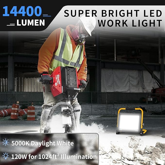 14400LM LED Work Light, 120W Flood Light with 16FT Cord & Switch, Portable Worklight with Stand, 5000K IP66 Waterproof Construction Lighting for Job Site Repairing Workshop Garage