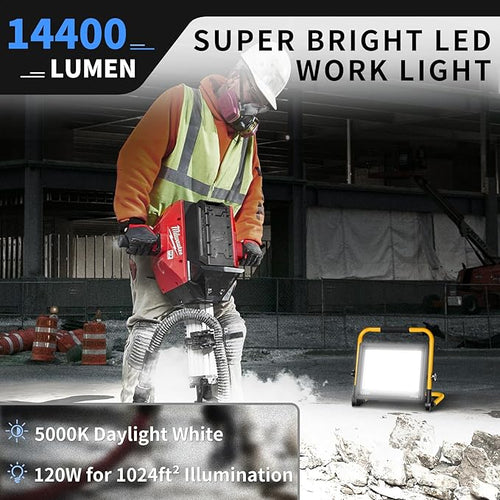 14400LM LED Work Light, 120W Flood Light with 16FT Cord & Switch, Portable Worklight with Stand, 5000K IP66 Waterproof Construction Lighting for Job Site Repairing Workshop Garage