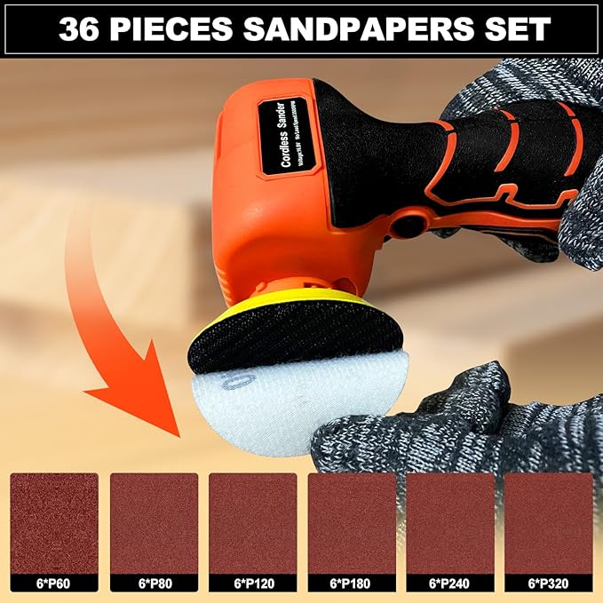 16.8V Cordless Electric Sander with 36PCS Sandpapers, 3500 RPM, 3.0Ah Battery, Lightweight & Compact Design for Wood, Metal, Paint Removal, and DIY Projects