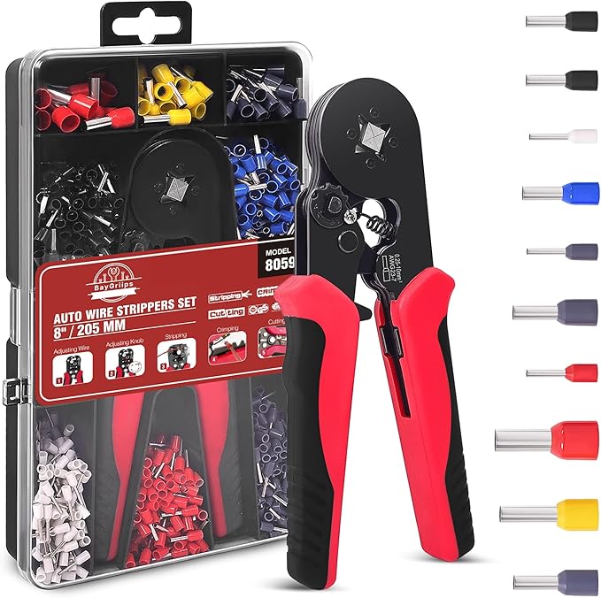 Ferrule Crimping Tool Kit, Square Crimping Tools, AWG 23-7 Self-adjustable Ratchet Wire Crimping Tool Kit Crimper Plier Set with 1200PCS Wire Connectors