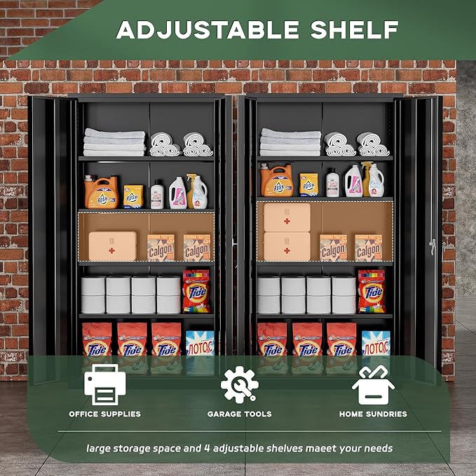 Greenvelly Metal Garage Storage Cabinet, 72” Locking Black Tool Steel Cabinet with Doors and 4 Shelves, Tall Metal Cabinets with Garage Storage Systems for Home Office, Kitchen/Pantry