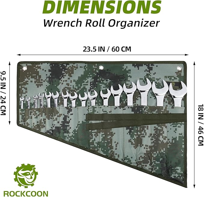 16 Pocket Wrench Roll Organizer, Rolled Tool Pouch Bag with Water Proof Oxford Cloth, Dark Camouflage