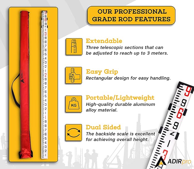 AdirPro 9-Foot Aluminum Grade Rod – 10ths, Dual Sided 5-Section Telescopic Leveling Rod – Bubble Level and Soft Carrying Case Included