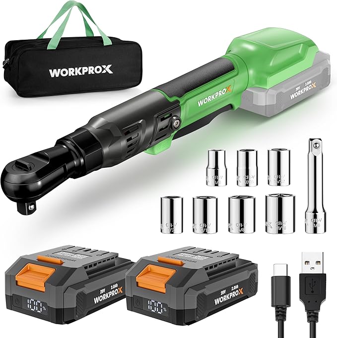WORKPROX Electric Ratchet Wrench 3/8" Set, 20V Cordless Ratchet Wrench Kit, 74Ft-lbs, 250RPM, Battery Powered Ratchet with LED Light, 2-Pack 2000mAh Batteries, 7 Sockets & 3" Extension Bar