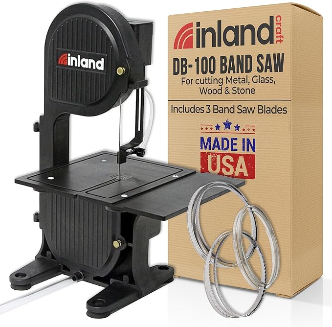 Inland Craft DB-100 Band Saw Machine, Tabletop Wet Tile Saw for Cutting Stained Glass, Stone, Plastic, Coral, Metals, Wood, Cut Free-Form Cabochons, Shapes & Curves - Includes THREE Blades