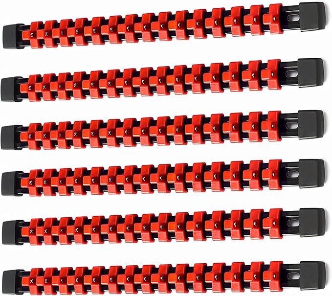 ALOANES 6 PC ABS Socket Organizer, 3/8 inch, Drive Socket Rail Holders, Heavy Duty Socket Racks, Black Rails with Red Clips