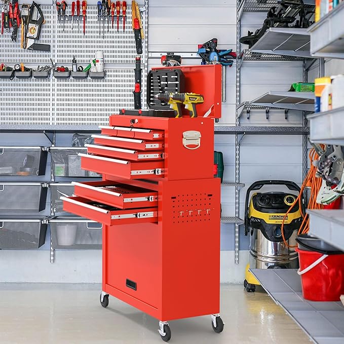8 Drawer High Capacity Rolling Tool Chest, Tool Box with Wheels and Drawers, Detachable Toolbox with Lock, Heavy Duty Metal Tool Cabinet for Workshop, Warehouse and Garage (Red)