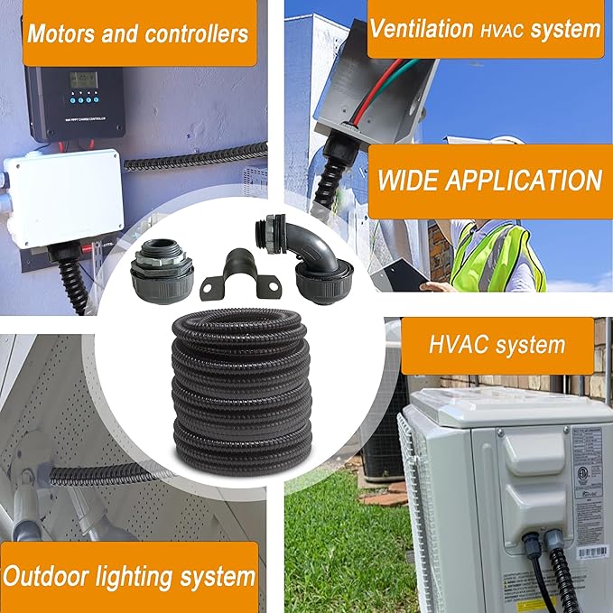 (1/2" Dia * 100 Feet) Yariwiz Black Special Extra Flexible Electrical Conduit Liquid Tight PVC Conduit Kit with 5 PCS Coupling, 5 PCS Elbow and 10 PCS Strap, Sealtight Seal Flex Liquidtight Wire