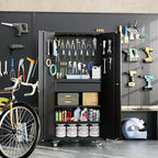 Aobabo Metal Storage Cabinet with Wheels and Adjustable Pegboard, Steel Rolling Tool Cabinet with 16 Hooks and 1 Interior Drawers for Garage, Home, Office, Kitchen, Black, Assembly Required