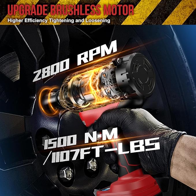 Cordless Impact Wrench 1107Ft-lbs(1500N·m) - 1/2" 21V High Torque Brushless Power Impact Gun with 2x4.0Ah Batteries & 6 Sockets & Fast Charger & Case for Car & Truck & RV & Heavy Duty Use