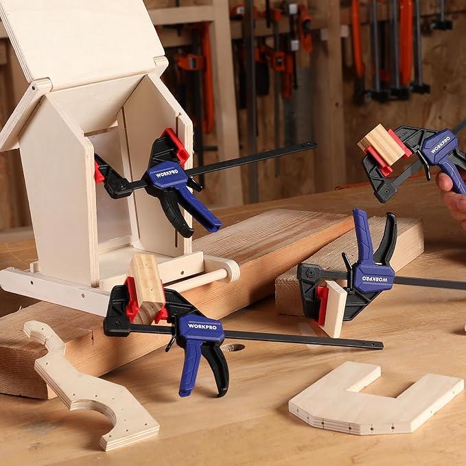 WORKPRO 6" Mini Bar Clamps for Woodworking, One-Handed Clamp/Spreader, Wood Clamps Set, Screw Change F Clamps with 50LBS Load Limit, 4 Pack