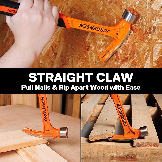 Jorgensen 20 oz Straight Claw Hammer with Magnetic Nail Holder, Rip Claw Hammer with Milled Face & Shock Absorbing Grip, Heavy Duty One-piece Forged Hammer