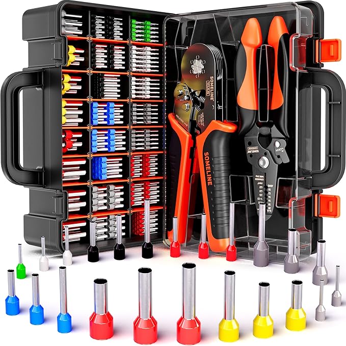 SOMELINE Ferrule Hexagonal Crimping Tool Kit, 23 Sizes Ferrules, 24-8 AWG Ferrule Crimper, with Ratchet Crimping Pliers and Wire Stripper, Hexagonal Crimp Pliers Ferrule Terminal Kit