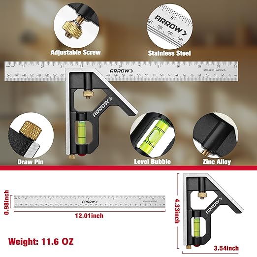 Arrow Combination Square, 12-Inch Combo Square with Stainless Steel Ruler, Zinc Alloy Body and Bubble Level for Carpenters and Craftsmen