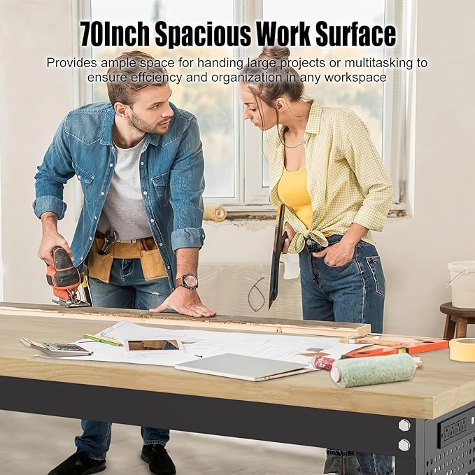 70” Heavy-Duty Solid Wood Work Bench Work Table with Wheels, Adjustable Height Portable Workbench with Power Outlets & Pegboard, 3000 Lbs Capacity Workstation for Garage, Workshop