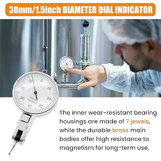 0.0001" Dial Indicator Brass Test Indicator with 7 Jewels Bearings Accuracy 0.00015 Big Face Imperial Dial Indicator for Machinist Engineer Inspection Measurement (Model 201-0068)