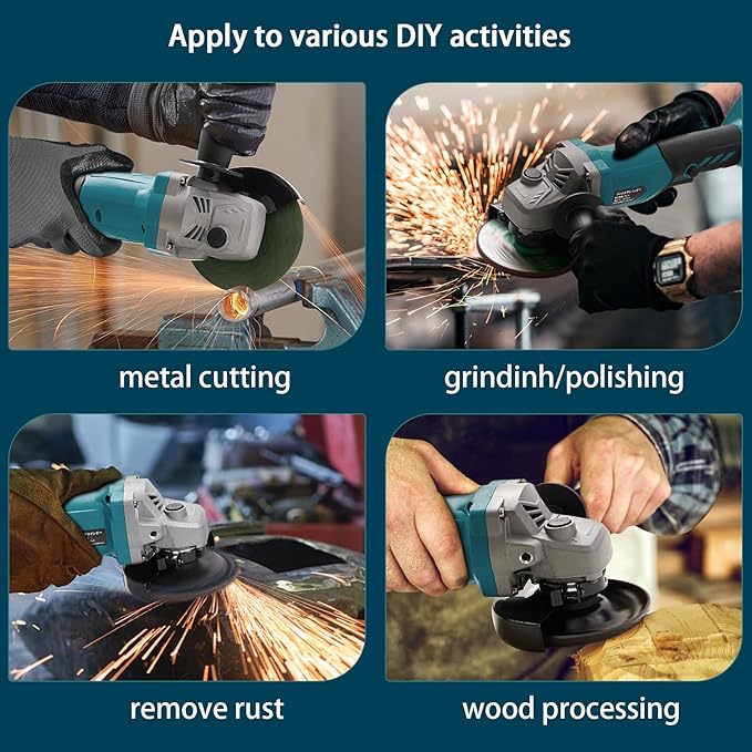 Angle Grinder, 4inch Cordless Angle Grinder, 18V/21V Grinder with 9 Grinding Wheels, 12000RMP Power Grinder Compatible with Makita Battery, Cutting/Deburring Grinder Tool (Battery sold Separately)