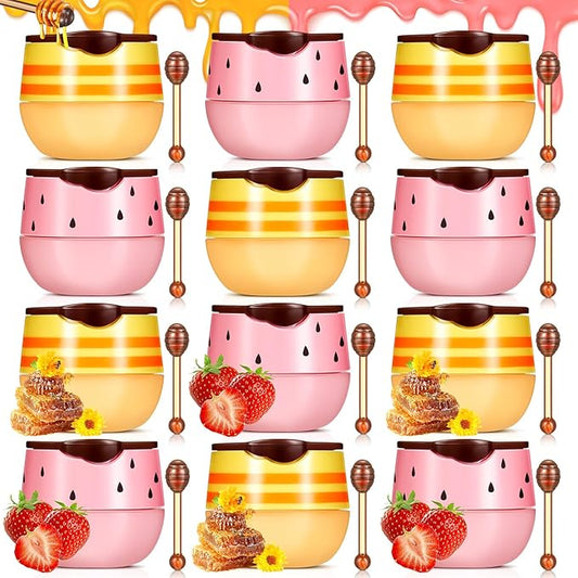 12 Pcs Bee Lip Balm Honey Pot with Brush Propolis Lip Mask Overnight, Moisturizing Hydrating Lip Sleeping Mask Prevention Dry and Cracked(Honey+Strawberry)-VeraVaultWomen