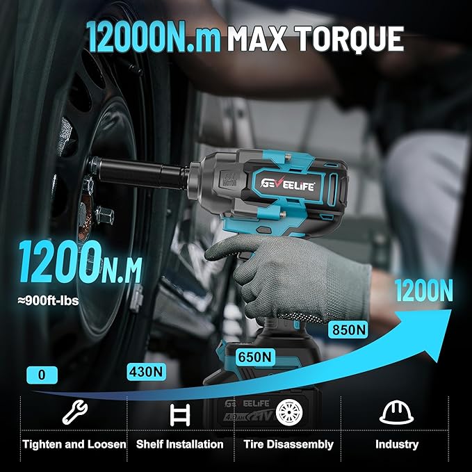 1200N.m (900Ft-lbs) Brushless Impact Wrench, 1/2" Cordless Impact Driver with 2x 4.0Ah Battery, Fast Charger & 5 Sockets, High Torque, Electric Impact Gun for Car/Truck/RV/Mower