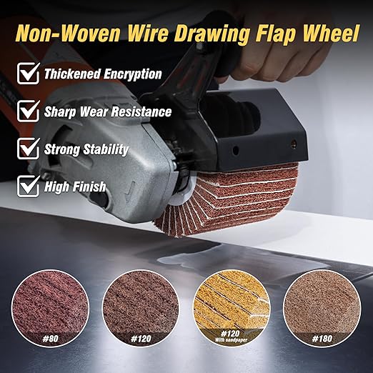 CXRCY 4 Pack Non-Woven Wire Drawing Flap Wheel for Polishing Burnishing Wheels, 120x100mm 80/120/120SP/180 Grit for Stainless Steel, Copper and More for Surface Conditioning Wheel