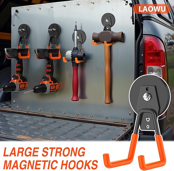 6Pcs Heavy Duty Storage Magnetic Utility Hooks Large Garage Strong Extra Magnet Hooks Hanger with Anti-Slip Coating Heavy Duty Magnetic Hooks for Hanging Power Dril Garage Garden Tools Orange
