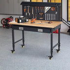 48x24 Inch Garage Workbench with Wheels, Adjustable Rubber Wood Top Garage Workbench with Power Outlet, 2000 Lbs Load Capacity, for Workshop, Woodworking, Office, Home.