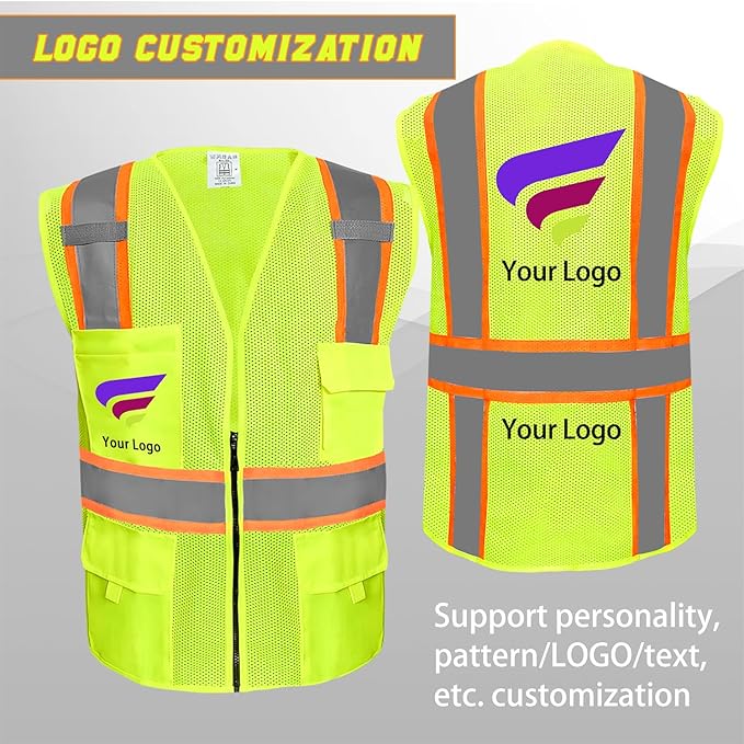 BeautyWill Custom Safety Vest Customized Logo Class 2 High Visibility Reflective Vest with Pockets Construction workwear