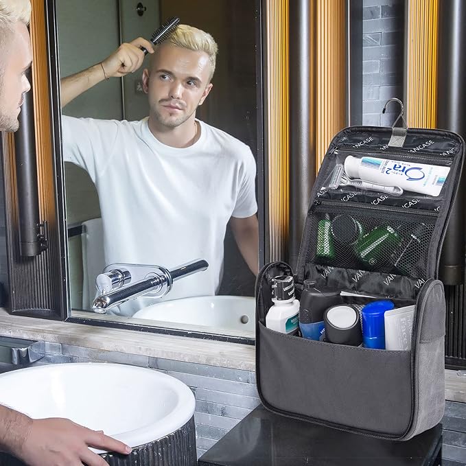 Hanging Toiletry Bag for Men VANCASE Vintage Leather Shaving Dopp Kit Medium Waterproof Travel Bathroom Bags Portable Shower Organizer