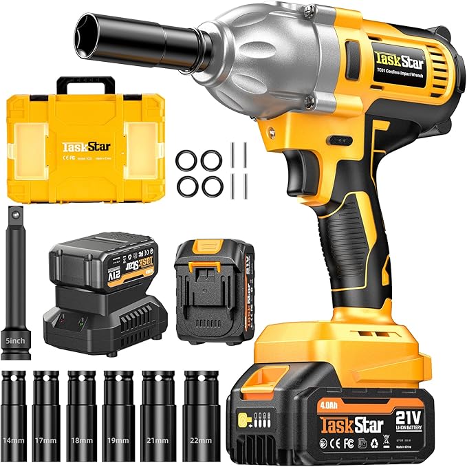 Cordless Impact Wrench 740 Ft-lbs(1000N.m) 3300RPM High Torque 1/2 Inch Impact Gun, Electric Impact Driver, Brushless Motor, 2x4.0Ah Battery Fast Charger for Car Tires Truck Mower