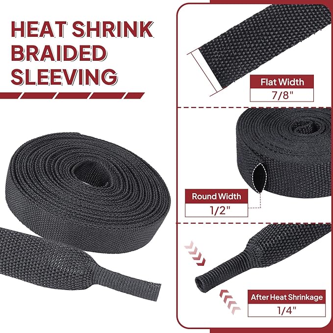 Heat Shrink Wire Loom 2:1 Shrinkable Braided Cable Sleeve 1/2 Inch ID-46ft Abrasion Protection Flexibility Fabric Wiring Harness Cover Sheath