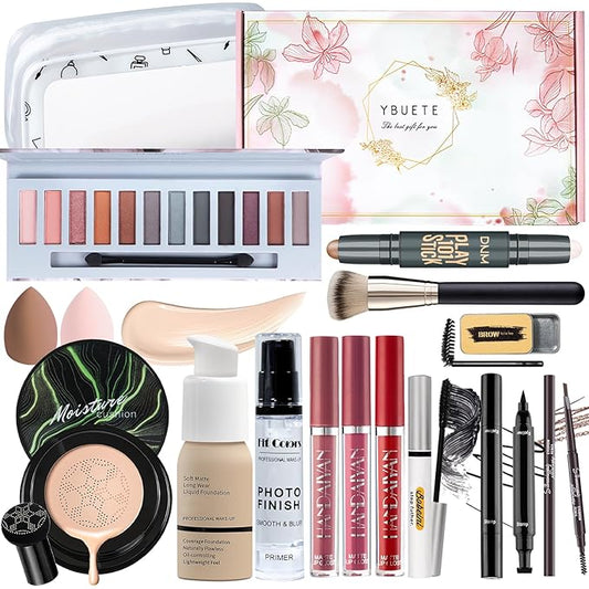 Makeup Kit Set for Women, Makeup Present for Women Teen Girl, Eyeshadow Foundation CC Cream Face Primer, Makeup Brush Sponge, Lipstick, Eyebrow Soap Pencil Mascara Eyeliner Cosmetic bag-VeraVaultWomen