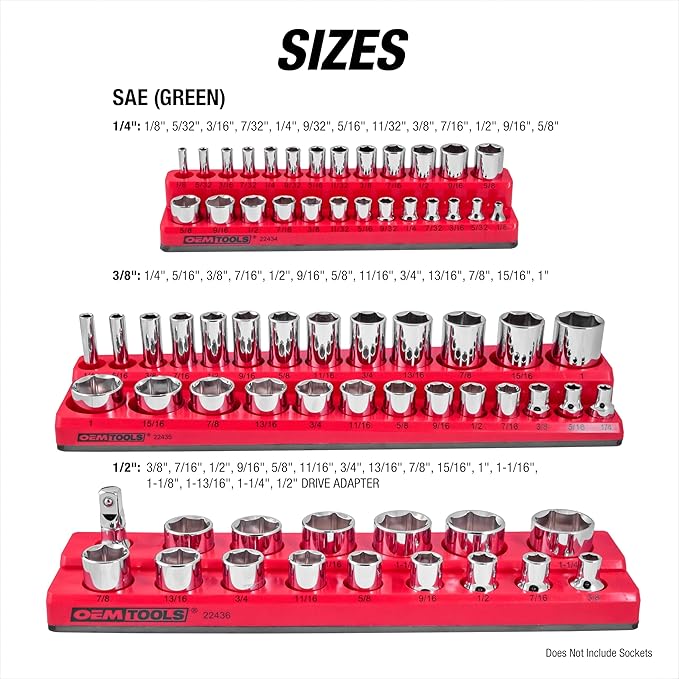 OEMTOOLS 22484 3 Piece SAE Magnetic Socket Tray Set, Magnetic Socket Organizers for Toolboxes, Rubberized Base, Holds Up To 68 Sockets, Red Socket Holder