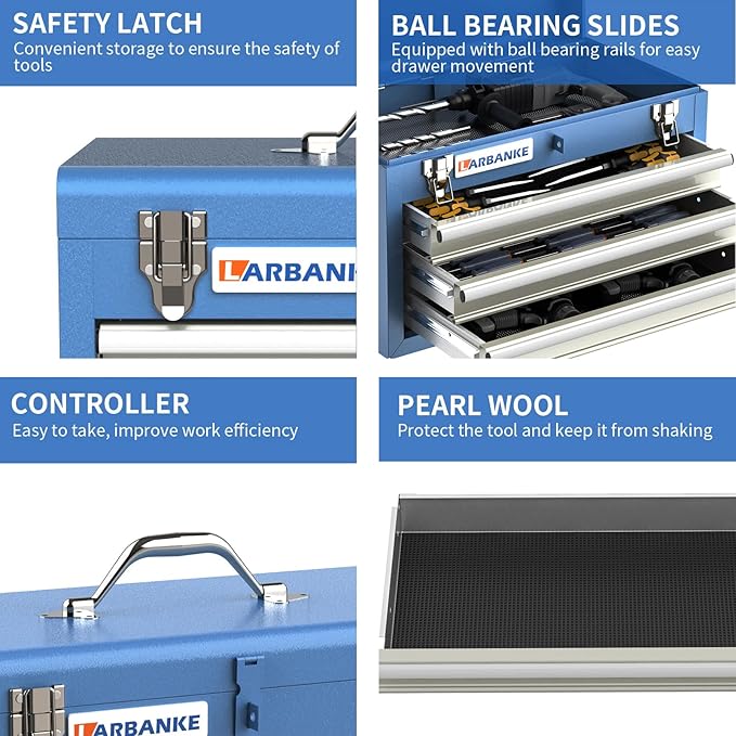 Metal Tool Box,3 Drawer Tool Box with Top Storage Tray, Portable Tool Chest with Locking System and Drawer Liner, Hand Carrying Tool Chest for Garage,Home or Workbench