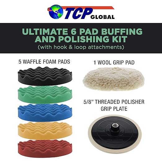 TCP Global Professional 6 Pad Buffing and Polishing Kit with 5 Waffle Foam Pads and 1 Wool Grip Pad for Car Detailing - Complete 8 inch Polisher Buffing Pads Set with 5/8 inch Threaded Backing Plate