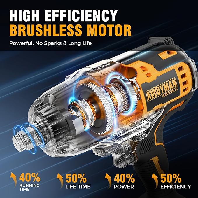 Alloyman 1/2 inch Impact Wrench Cordless, (750 N.m) 555 Ft-lbs Hight Torque Wrench,20V Power Impact Driver, Brushless Motor 2000 RPM, 2x 4.0AH Li-ion Battery,Charger,6 Sockets,3 Extension Bars