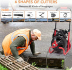 PIONEERWORKS 100Ft x 3/8In Drain Cleaner Machine, Auto-feed Professional 6.8A Electric Drain Auger, Air-Activated Foot Switch, w/ 6 Cutters, Gloves, Drain Auger Cleaner Sewer Snake