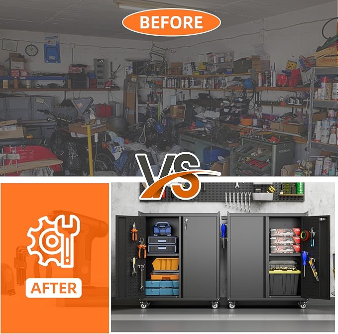 Garage Storage Cabinet with Wheels & Pegboard, 34.3" H Locking Metal Tool Storage Cabinet with Doors and Shelf & 4 Hooks for Garage, Home, Workshops, Assembly Required, Black